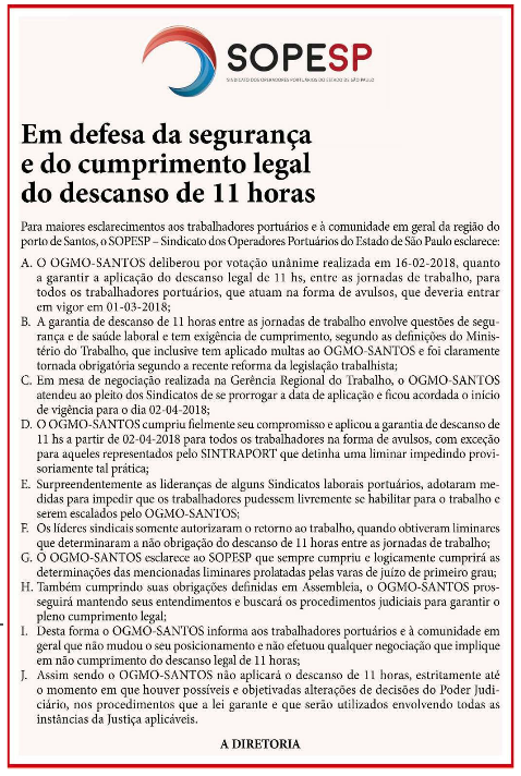 Em defesa da segurança  e do cumprimento legal do descanso de 11 horas