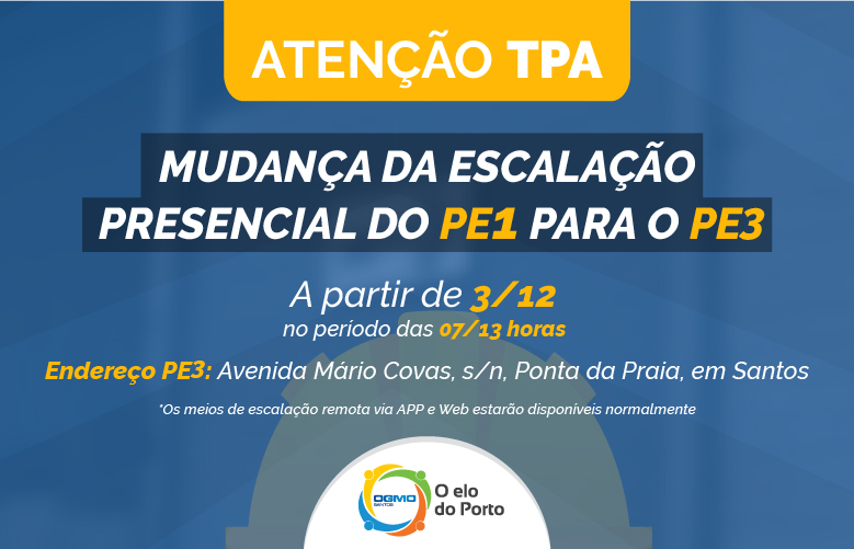 OGMO/Santos informa mudança da escalação presencial do PE1 para o PE3