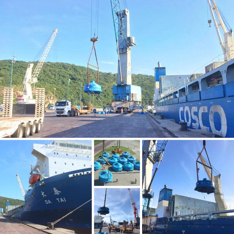 Nesta quarta-feira (15), o Berço 1 do Porto de Imbituba foi palco do desembarque de 16 geradores, com 47 toneladas cada, importados de Hong Kong