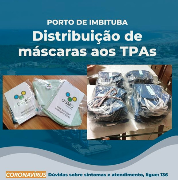 Na última semana, o OGMO iniciou a distribuição de máscaras para todos os 310 Trabalhadores Portuários Avulsos (TPAs) que atuam no Porto de Imbituba