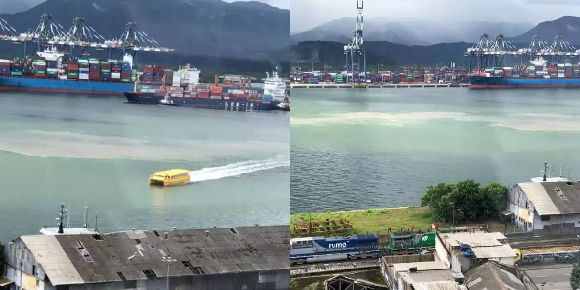 Mancha misteriosa no mar chama atenção no Porto de Santos