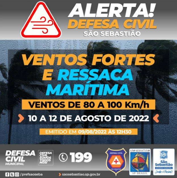 Prefeitura emite alerta para ventos fortes e ressaca marítima de quarta-feira (10) a sexta-feira (12)
