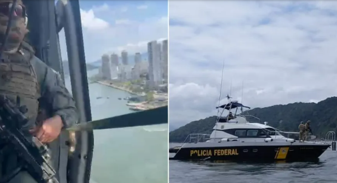 Com helicóptero e barcos, PF realiza ação contra o tráfico internacional no Porto de Santos; VÍDEO
