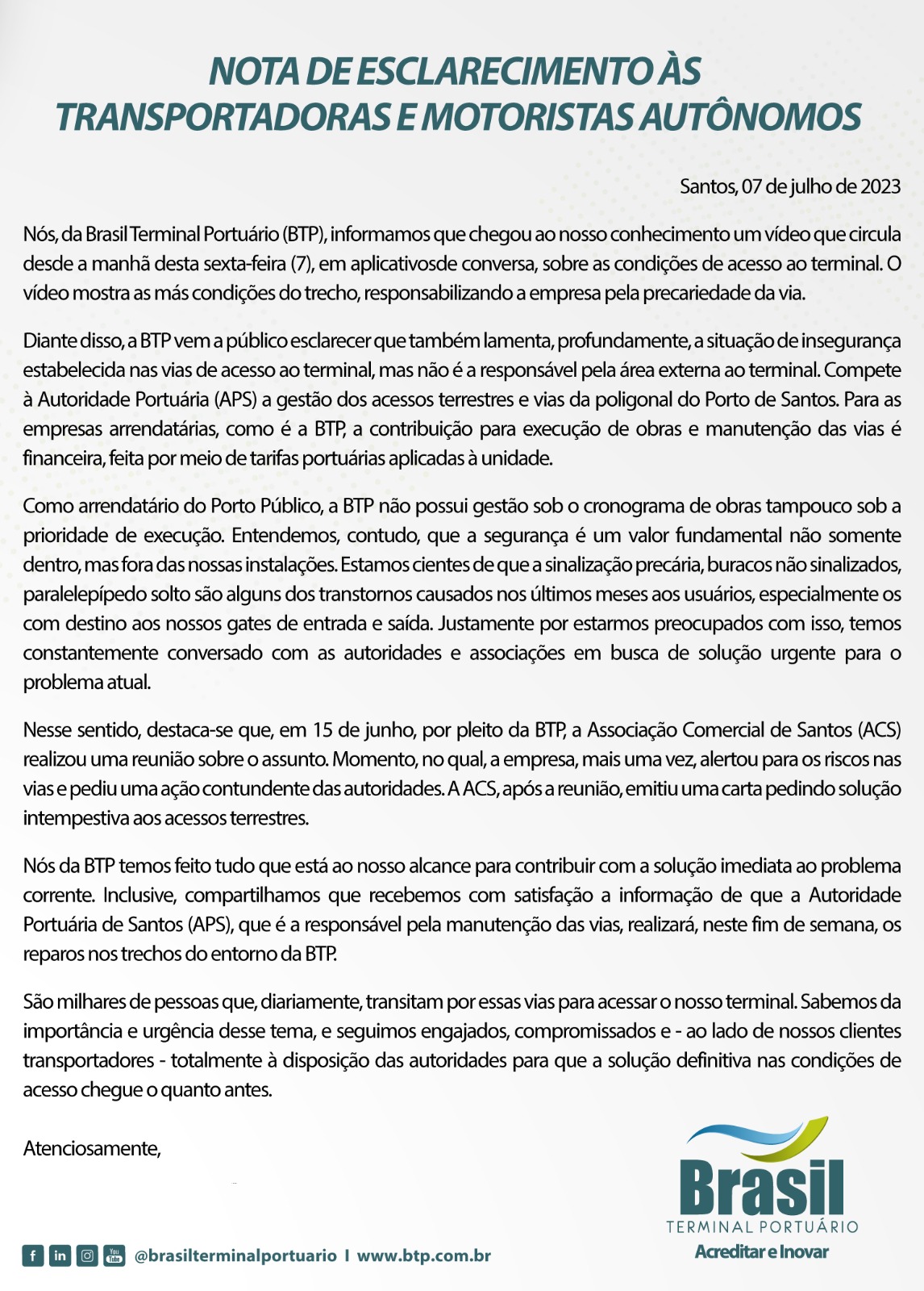 BTP – Nota de esclarecimento às transportadoras e motoristas autônomos