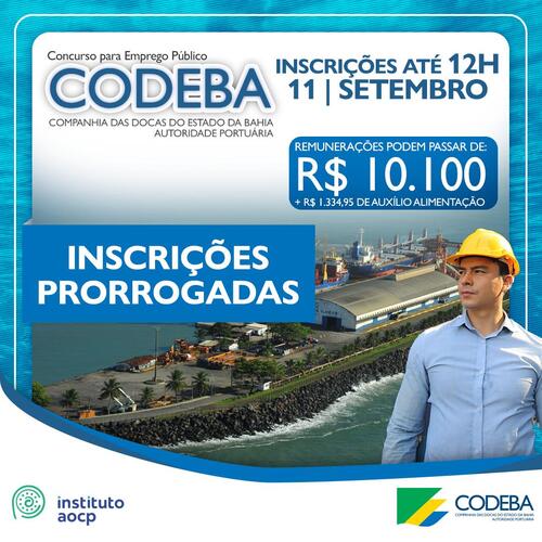 Inscrições do concurso da Codeba são prorrogadas até 11 de setembro